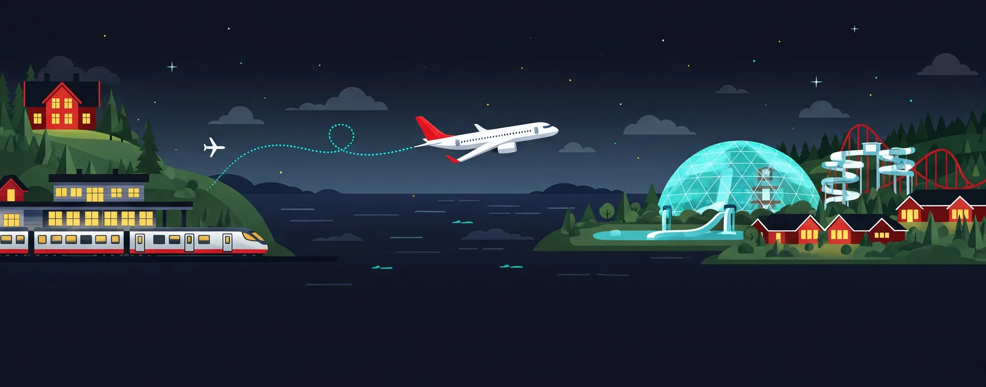 Illustrasjon av reisen: huset vårt og toget i Norge til venstre, flyet med rød hale over havet i midten, og Lalandia med den lysende kuppelen og berg-og-dal-banen i Danmark til høyre.
